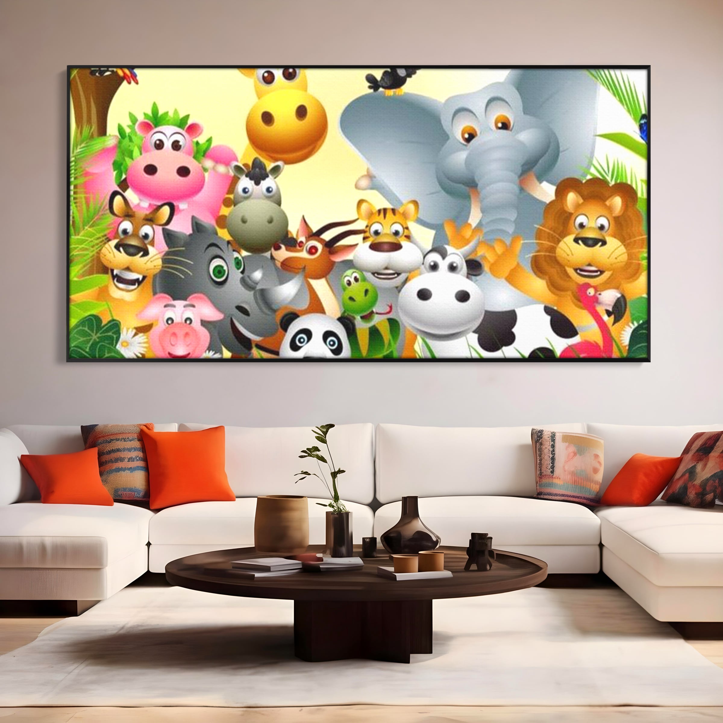 Tablou canvas cu tablou canvas cu animale din jungla, in rama de aluminiu negru, pe perete intr-un living